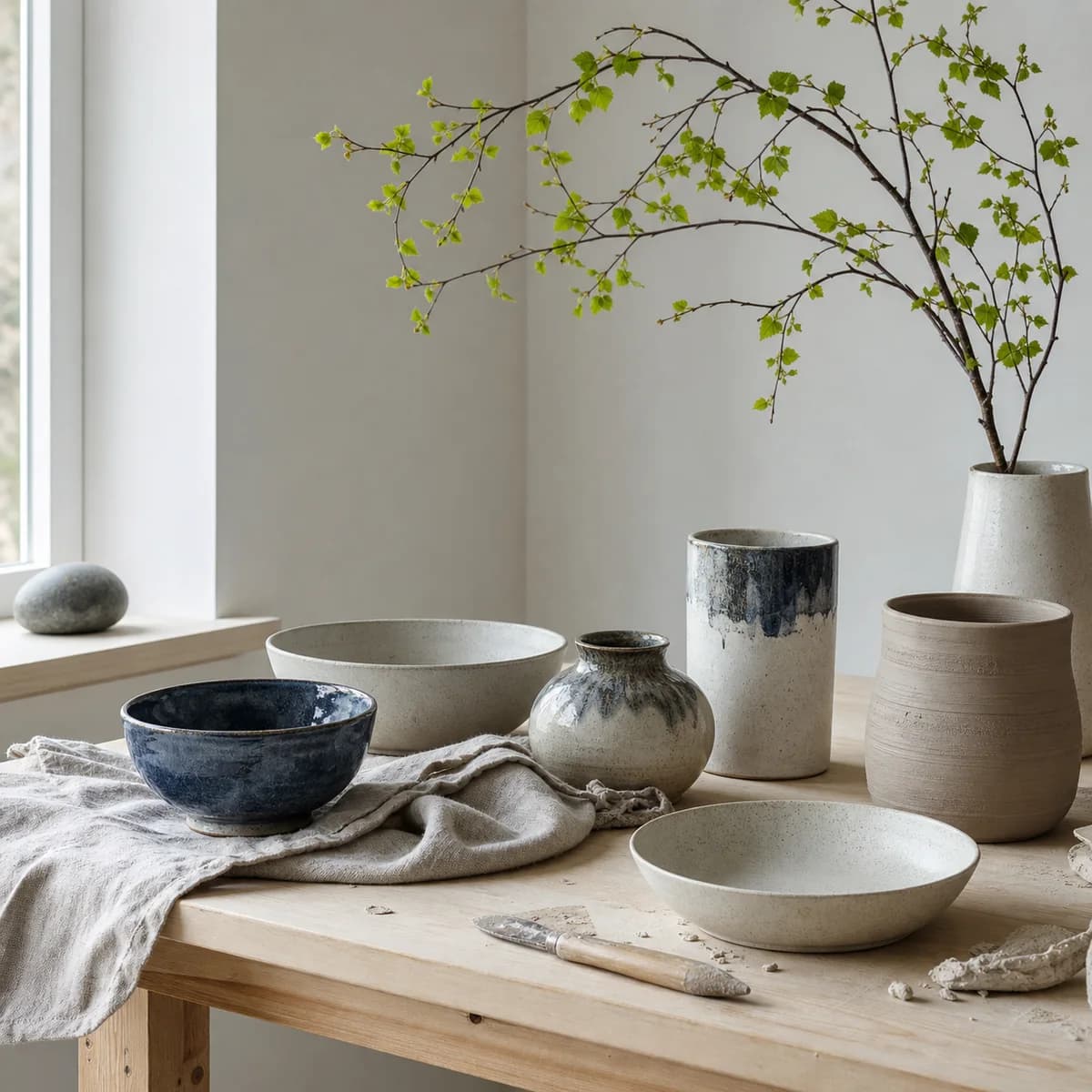 Handmade Nordic ceramics on a pale wood table